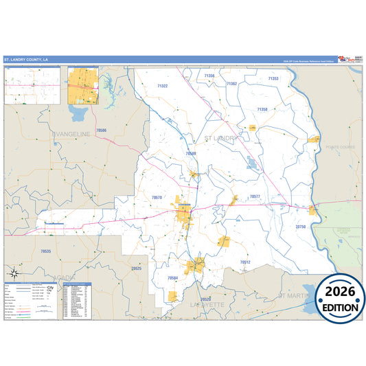 St. Landry County, LA Business Reference 5 Digit ZIP Code Wall Map