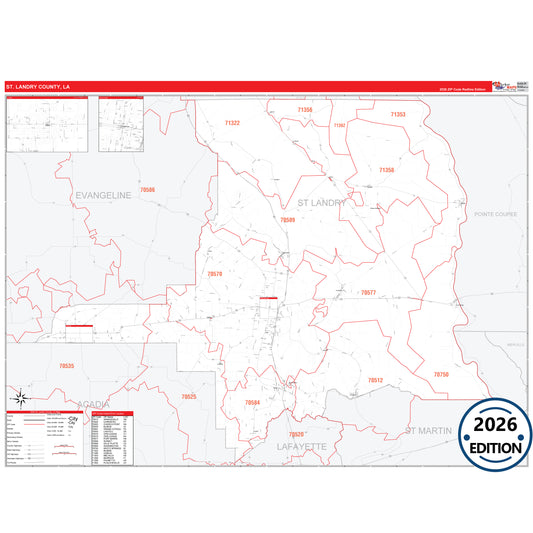 St. Landry County, LA Red Line 5 Digit ZIP Code Wall Map