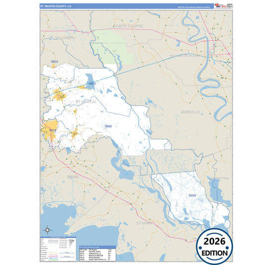 St. Martin County, LA Business Reference 5 Digit ZIP Code Wall Map