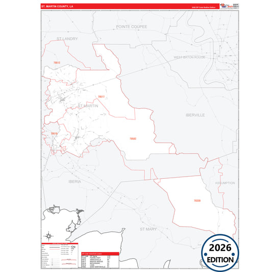 St. Martin County, LA Red Line 5 Digit ZIP Code Wall Map