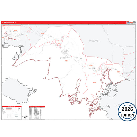 St. Mary County, LA Red Line 5 Digit ZIP Code Wall Map
