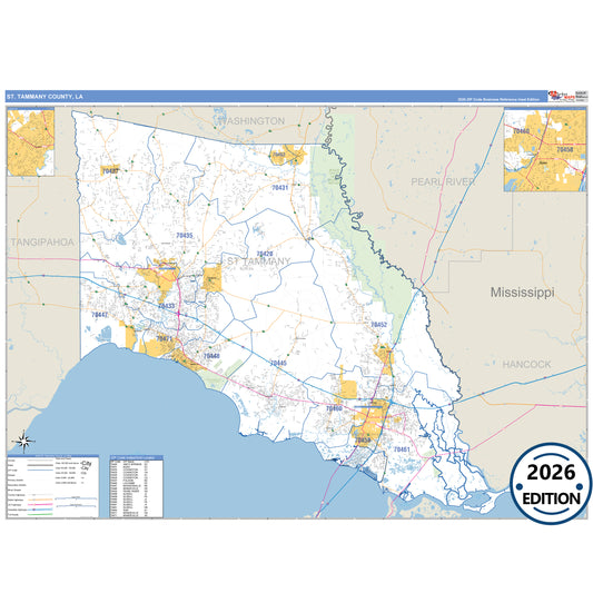 St. Tammany County, LA Business Reference 5 Digit ZIP Code Wall Map