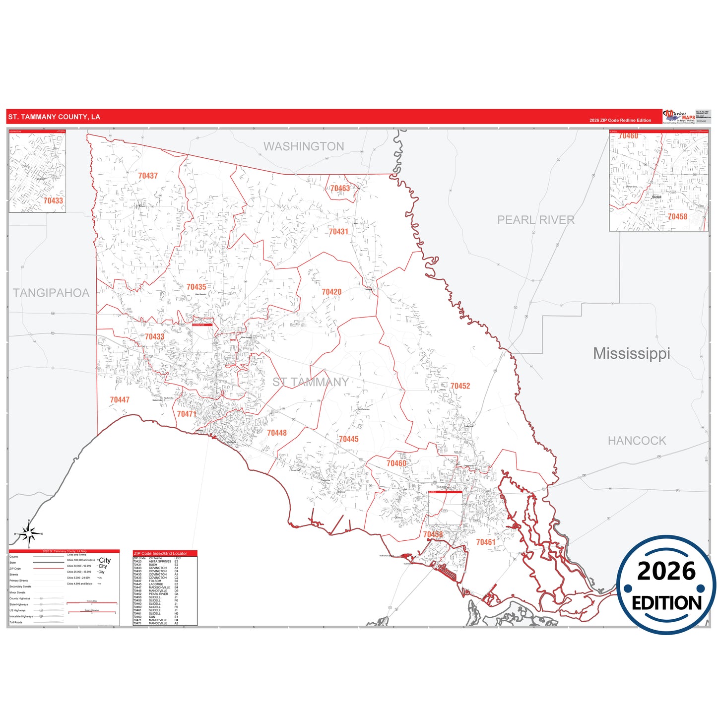 St. Tammany County, LA Red Line 5 Digit ZIP Code Wall Map