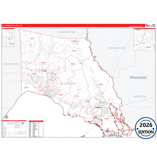St. Tammany County, LA Red Line 5 Digit ZIP Code Wall Map
