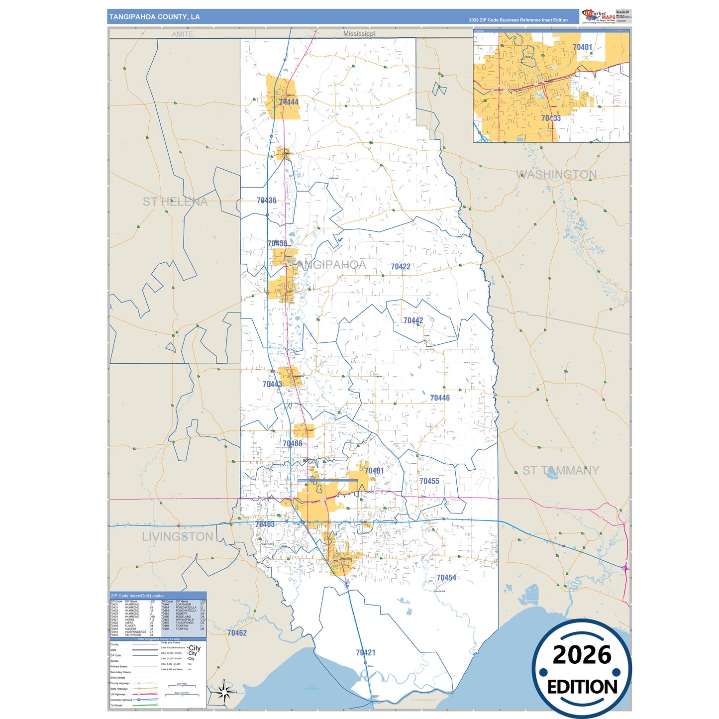 Tangipahoa County, LA Business Reference 5 Digit ZIP Code Wall Map