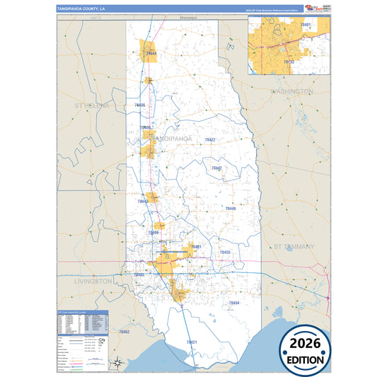 Tangipahoa County, LA Business Reference 5 Digit ZIP Code Wall Map