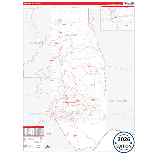 Tangipahoa County, LA Red Line 5 Digit ZIP Code Wall Map