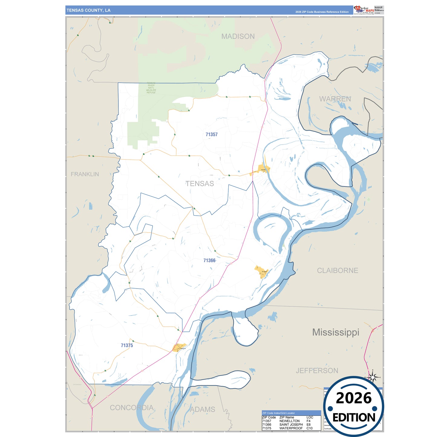 Tensas County, LA Business Reference 5 Digit ZIP Code Wall Map