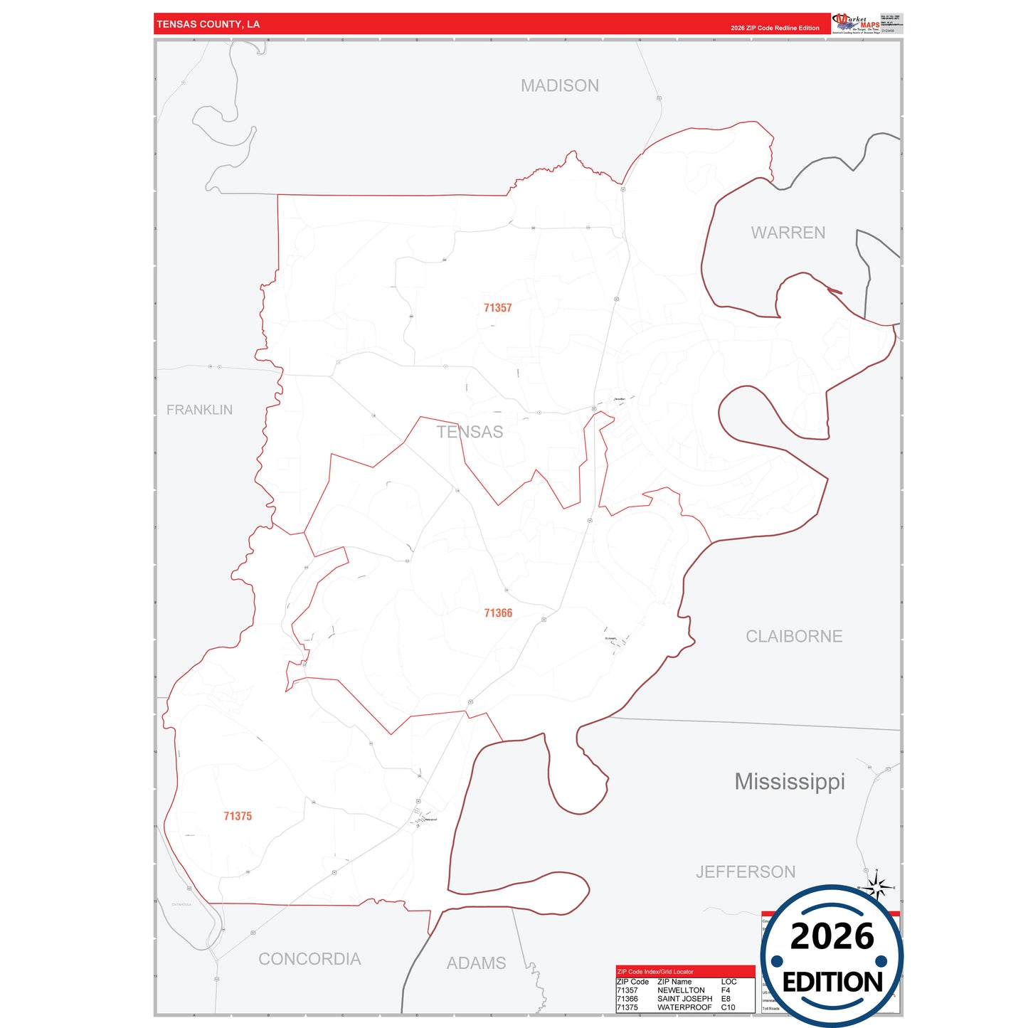 Tensas County, LA Red Line 5 Digit ZIP Code Wall Map