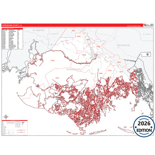 Terrebonne County, LA Red Line 5 Digit ZIP Code Wall Map