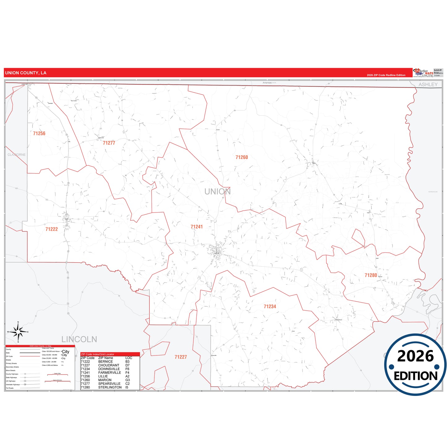 Union County, LA Red Line 5 Digit ZIP Code Wall Map