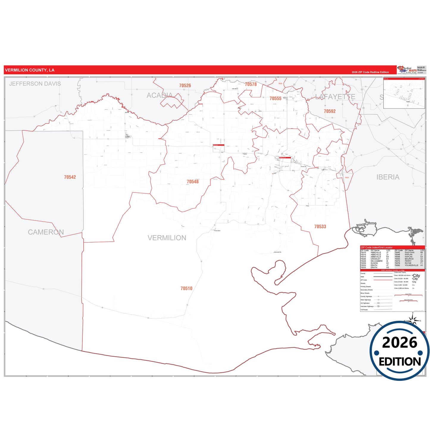 Vermilion County, LA Red Line 5 Digit ZIP Code Wall Map