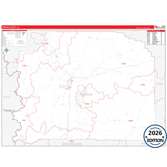 Vernon County, LA Red Line 5 Digit ZIP Code Wall Map