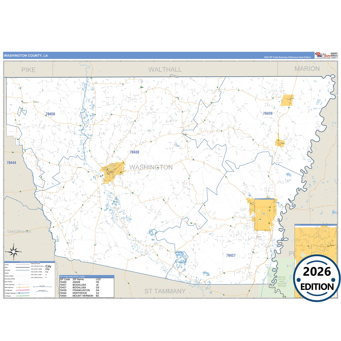 Washington County, LA Business Reference 5 Digit ZIP Code Wall Map