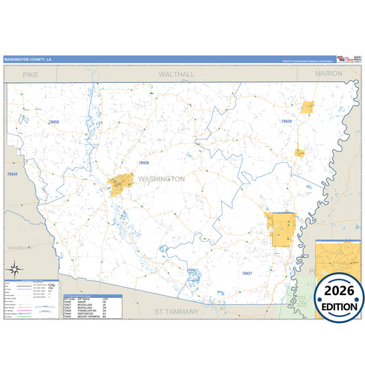 Washington County, LA Business Reference 5 Digit ZIP Code Wall Map