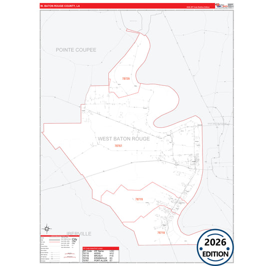 West Baton Rouge County, LA Red Line 5 Digit ZIP Code Wall Map