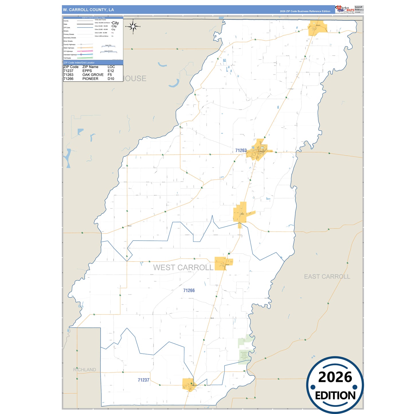 West Carroll County, LA Business Reference 5 Digit ZIP Code Wall Map