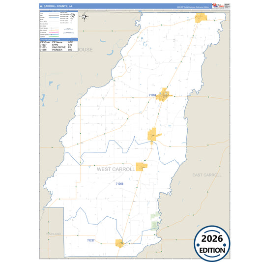 West Carroll County, LA Business Reference 5 Digit ZIP Code Wall Map