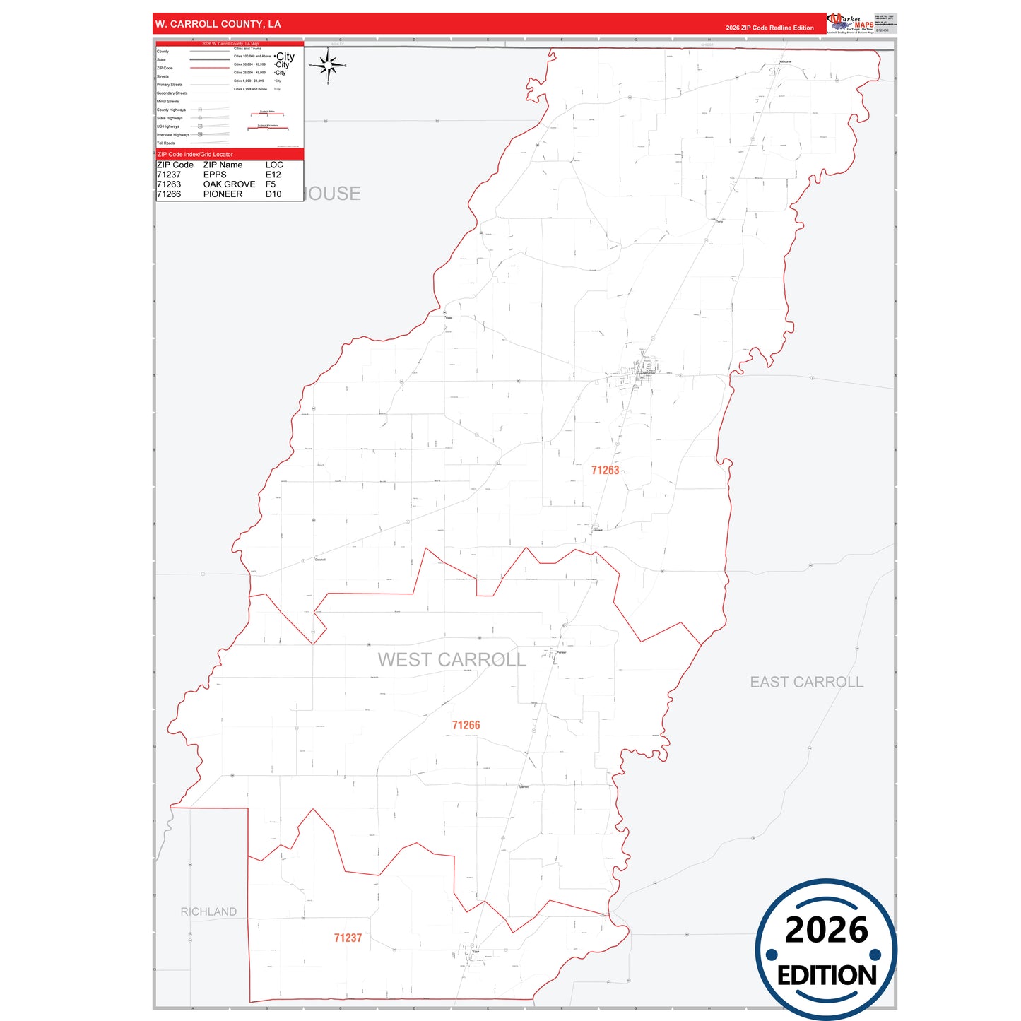 West Carroll County, LA Red Line 5 Digit ZIP Code Wall Map