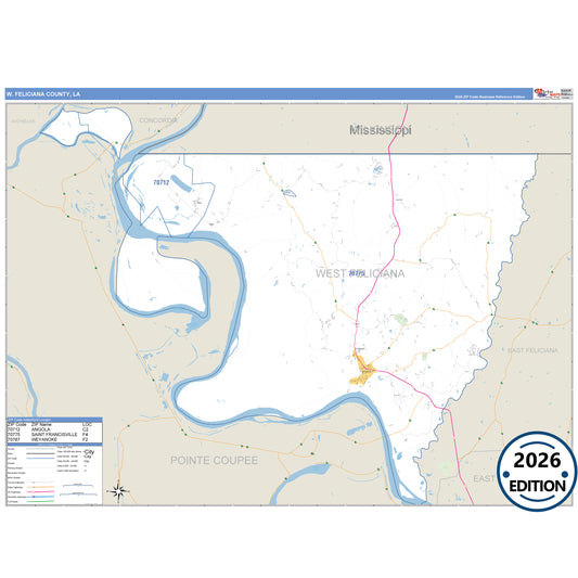West Feliciana County, LA Business Reference 5 Digit ZIP Code Wall Map