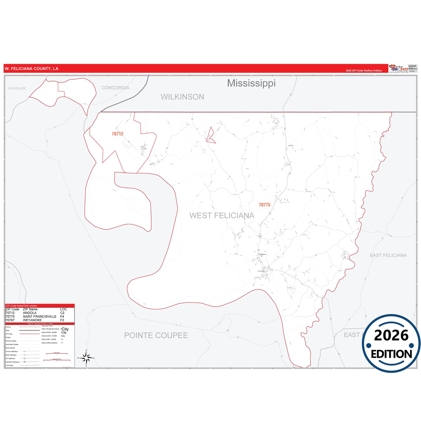 West Feliciana County, LA Red Line 5 Digit ZIP Code Wall Map