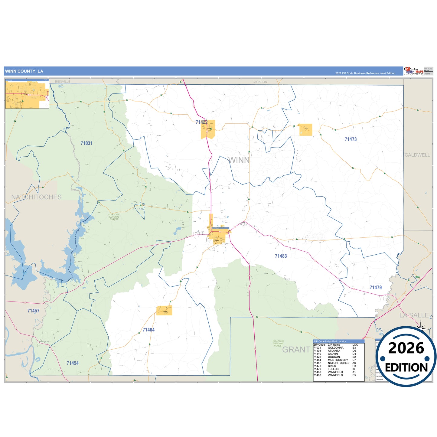 Winn County, LA Business Reference 5 Digit ZIP Code Wall Map