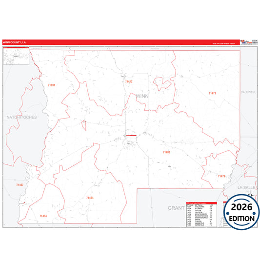 Winn County, LA Red Line 5 Digit ZIP Code Wall Map