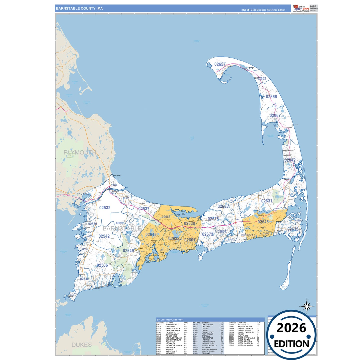 Barnstable County, MA Business Reference 5 Digit ZIP Code Wall Map