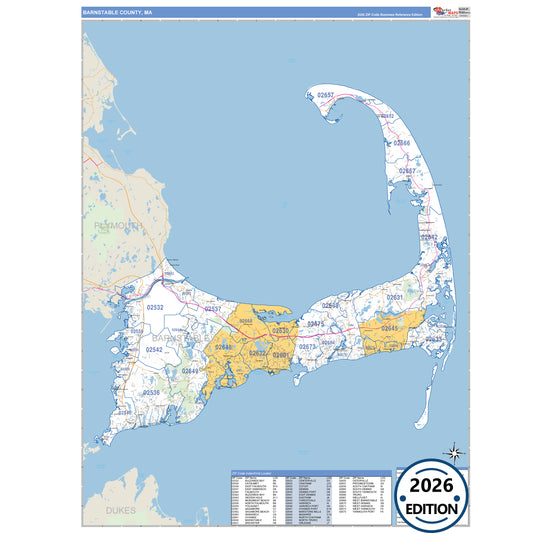 Barnstable County, MA Business Reference 5 Digit ZIP Code Wall Map