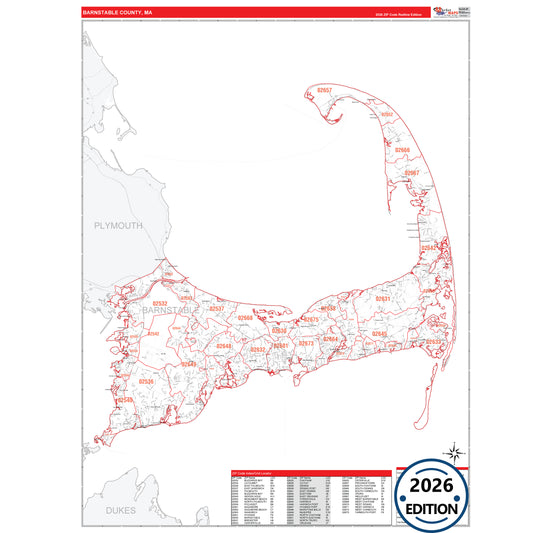 Barnstable County, MA Red Line 5 Digit ZIP Code Wall Map