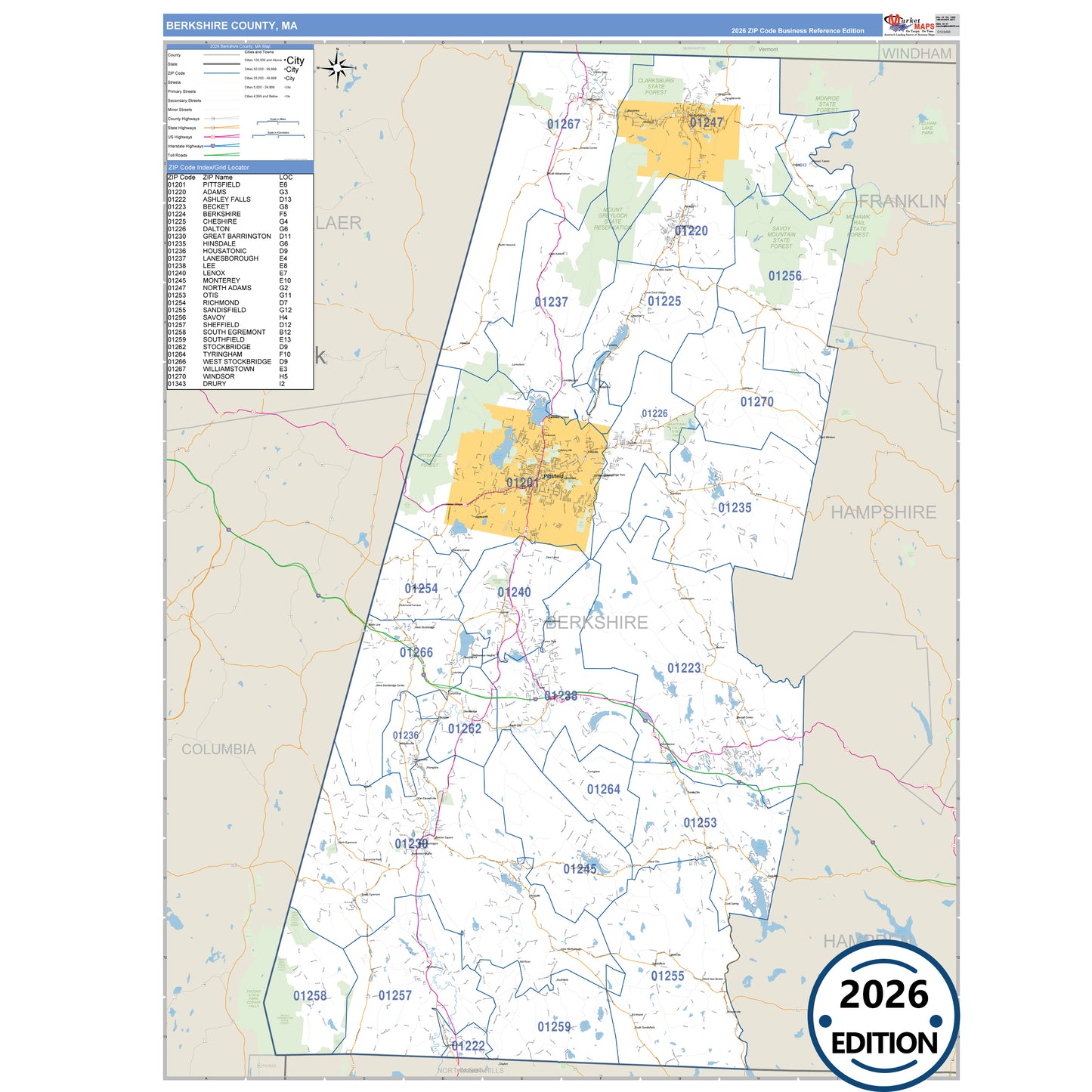 Berkshire County, MA Business Reference 5 Digit ZIP Code Wall Map