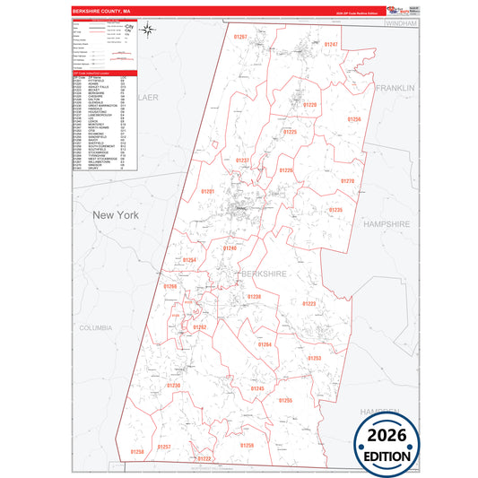 Berkshire County, MA Red Line 5 Digit ZIP Code Wall Map