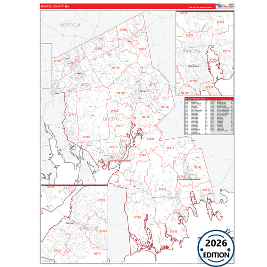 Bristol County, MA Red Line 5 Digit ZIP Code Wall Map