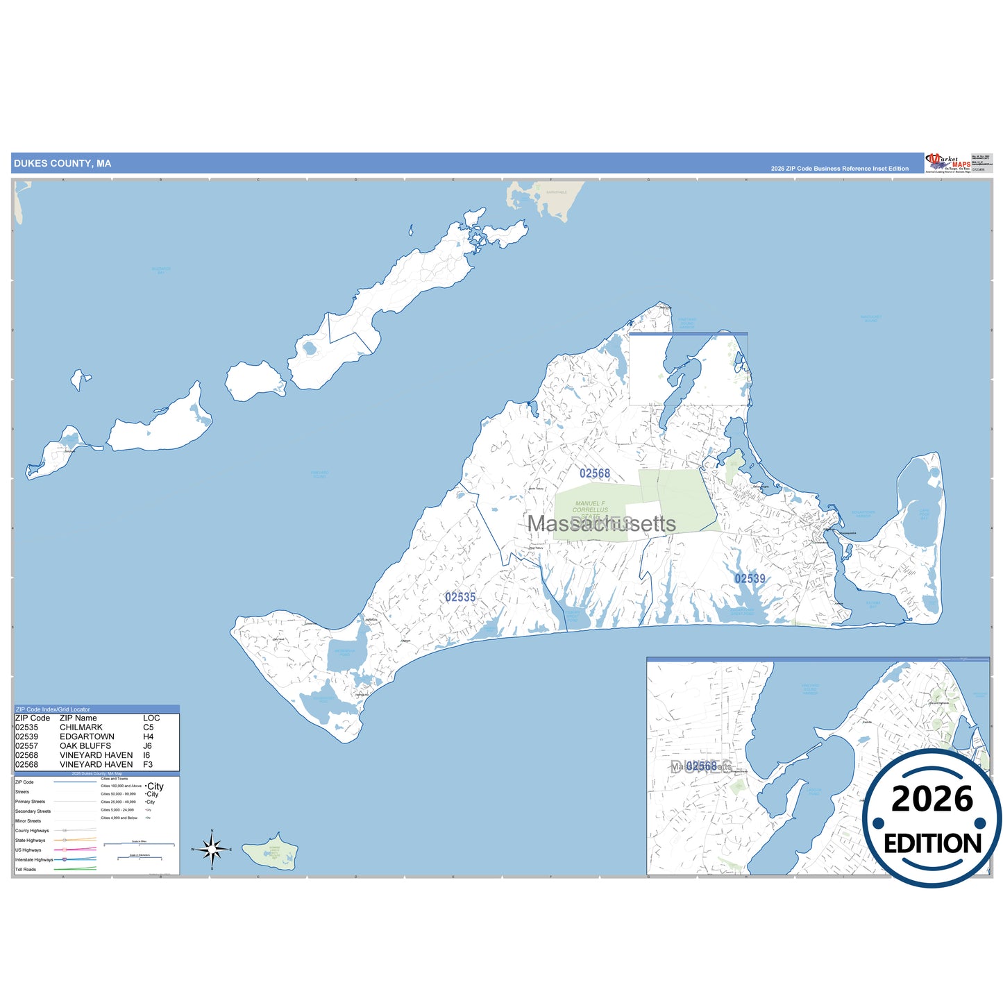 Dukes County, MA Business Reference 5 Digit ZIP Code Wall Map