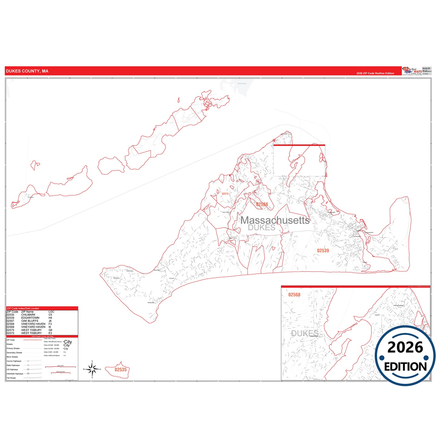 Dukes County, MA Red Line 5 Digit ZIP Code Wall Map