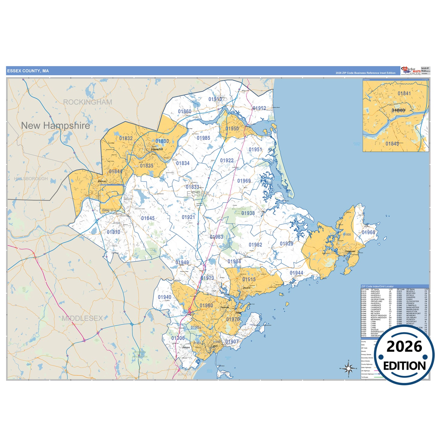 Essex County, MA Business Reference 5 Digit ZIP Code Wall Map