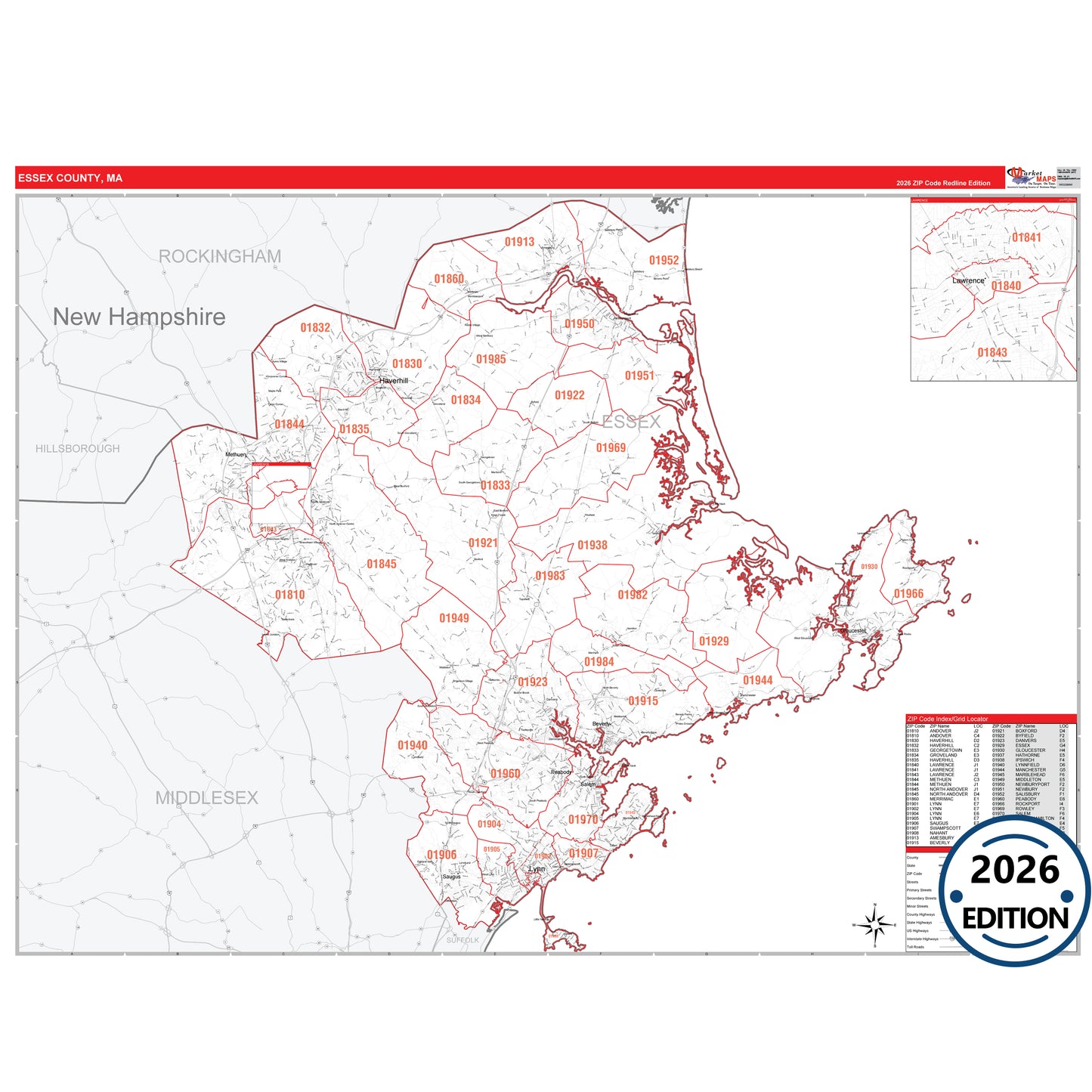 Essex County, MA Red Line 5 Digit ZIP Code Wall Map