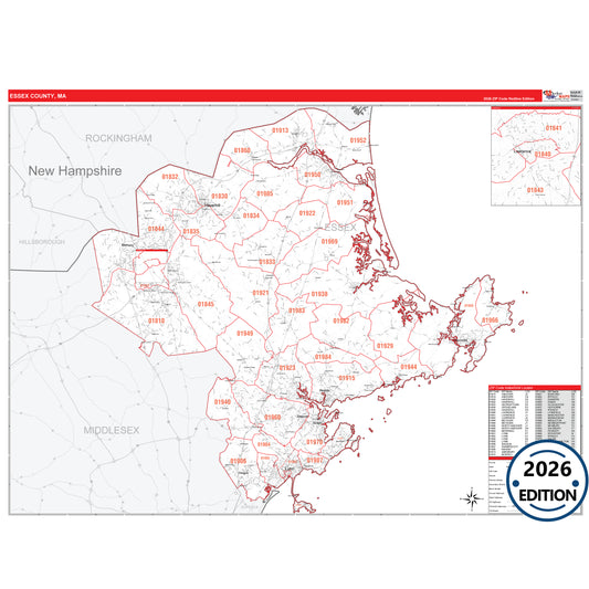 Essex County, MA Red Line 5 Digit ZIP Code Wall Map