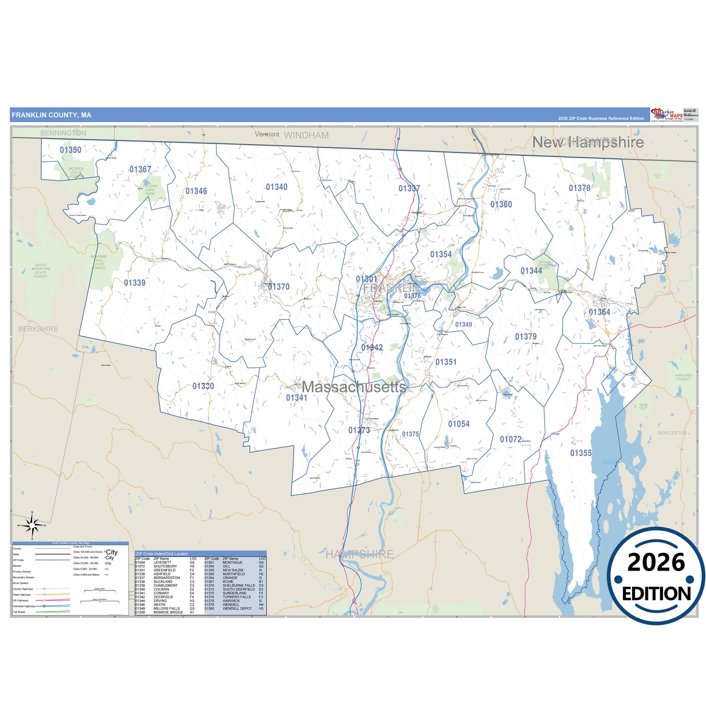 Franklin County, MA Business Reference 5 Digit ZIP Code Wall Map