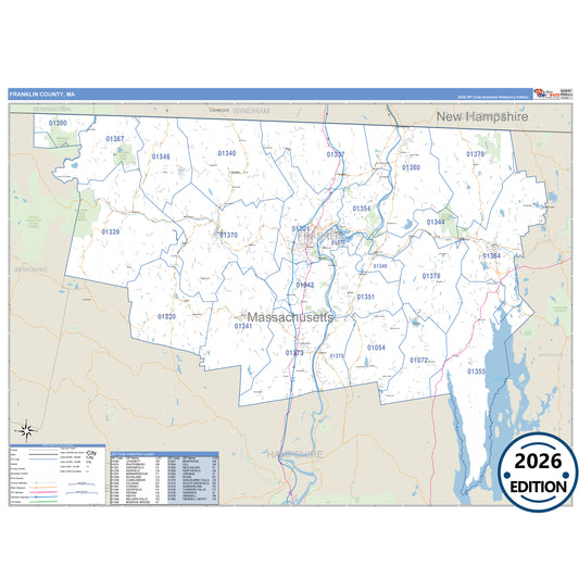 Franklin County, MA Business Reference 5 Digit ZIP Code Wall Map