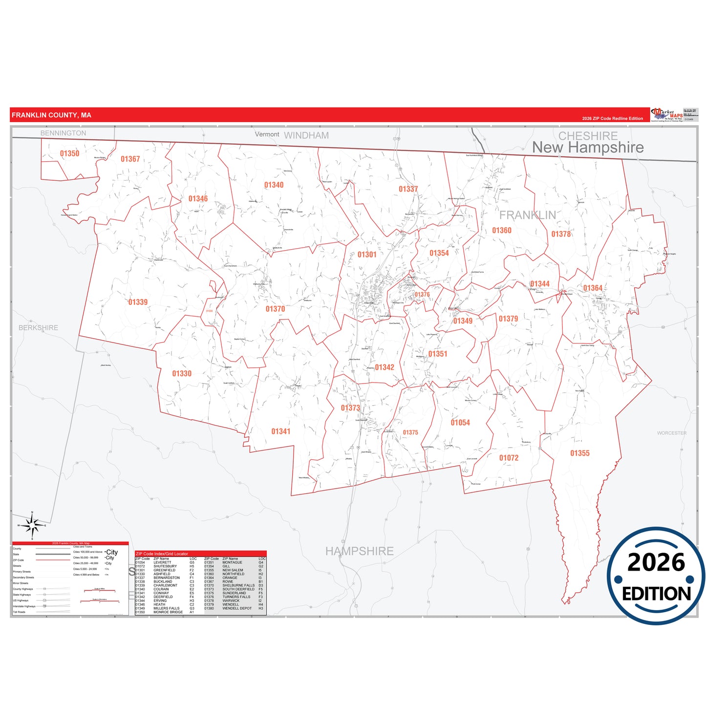 Franklin County, MA Red Line 5 Digit ZIP Code Wall Map