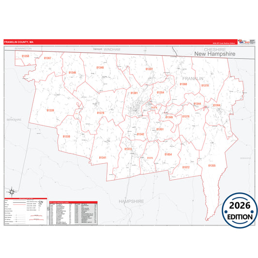 Franklin County, MA Red Line 5 Digit ZIP Code Wall Map