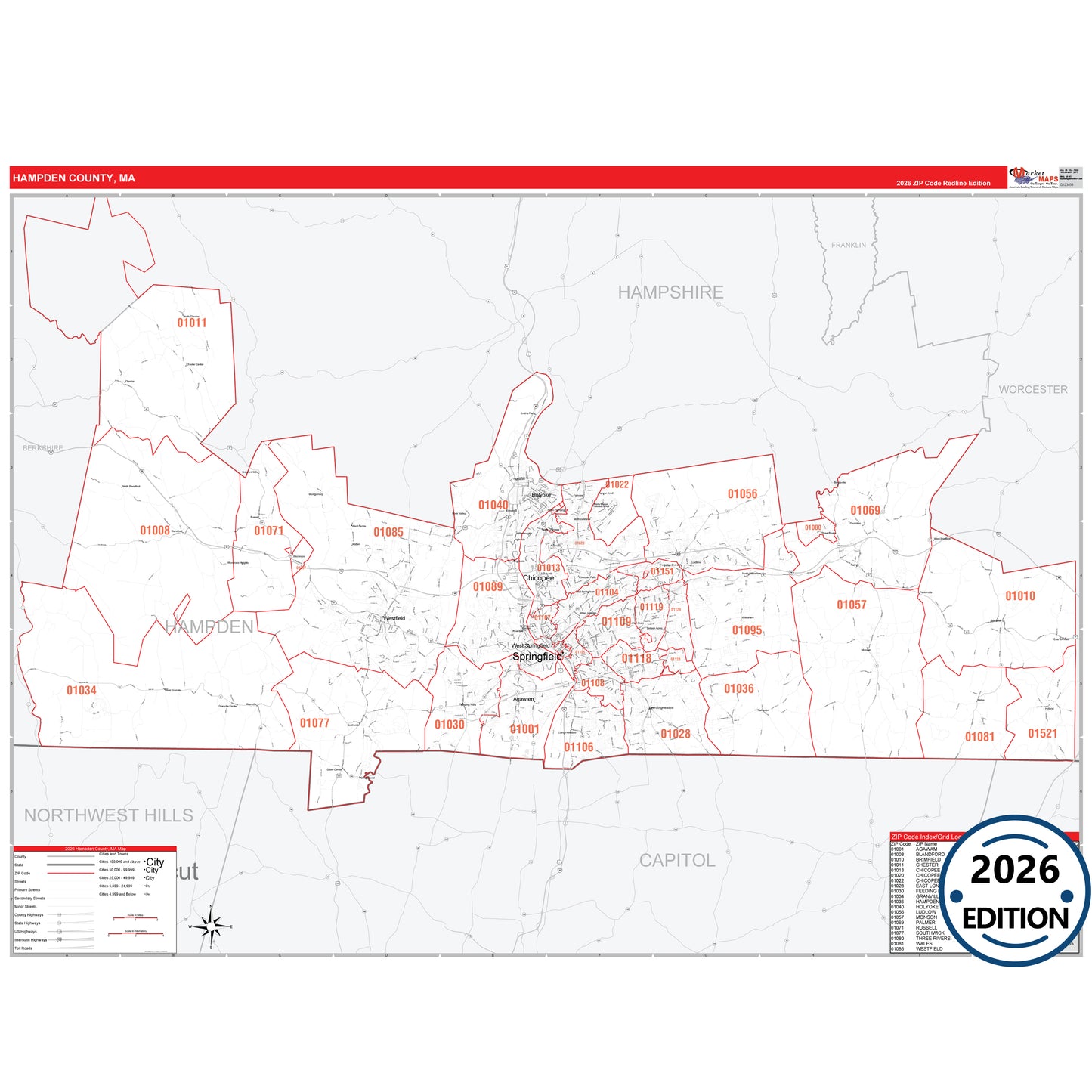 Hampden County, MA Red Line 5 Digit ZIP Code Wall Map