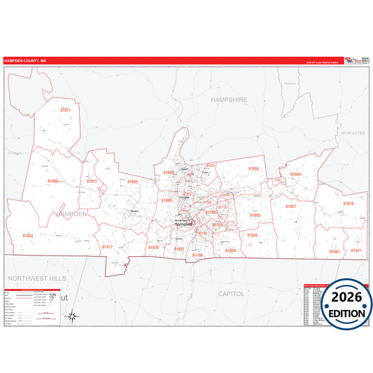 Hampden County, MA Red Line 5 Digit ZIP Code Wall Map