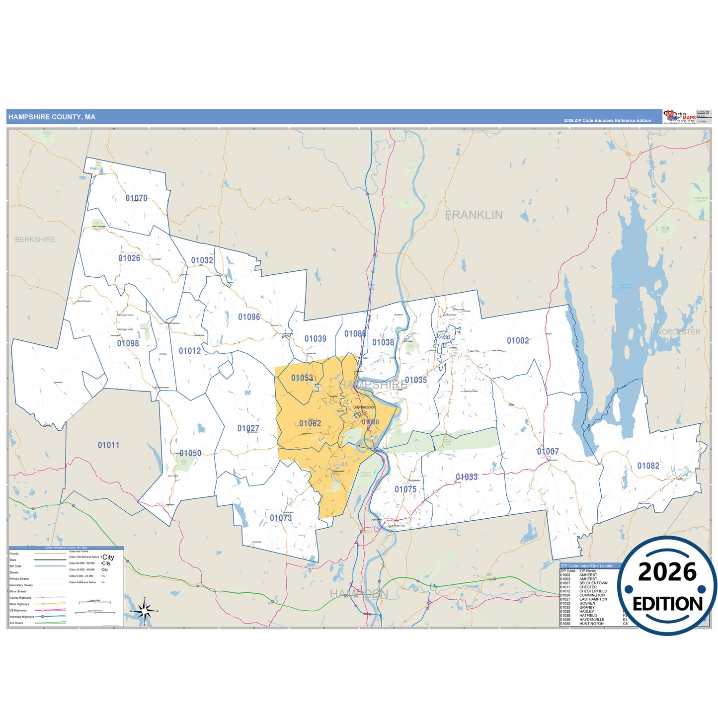 Hampshire County, MA Business Reference 5 Digit ZIP Code Wall Map