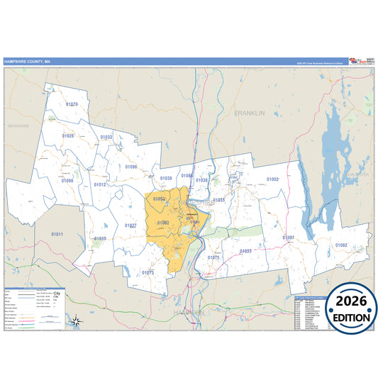 Hampshire County, MA Business Reference 5 Digit ZIP Code Wall Map