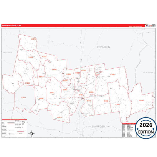Hampshire County, MA Red Line 5 Digit ZIP Code Wall Map