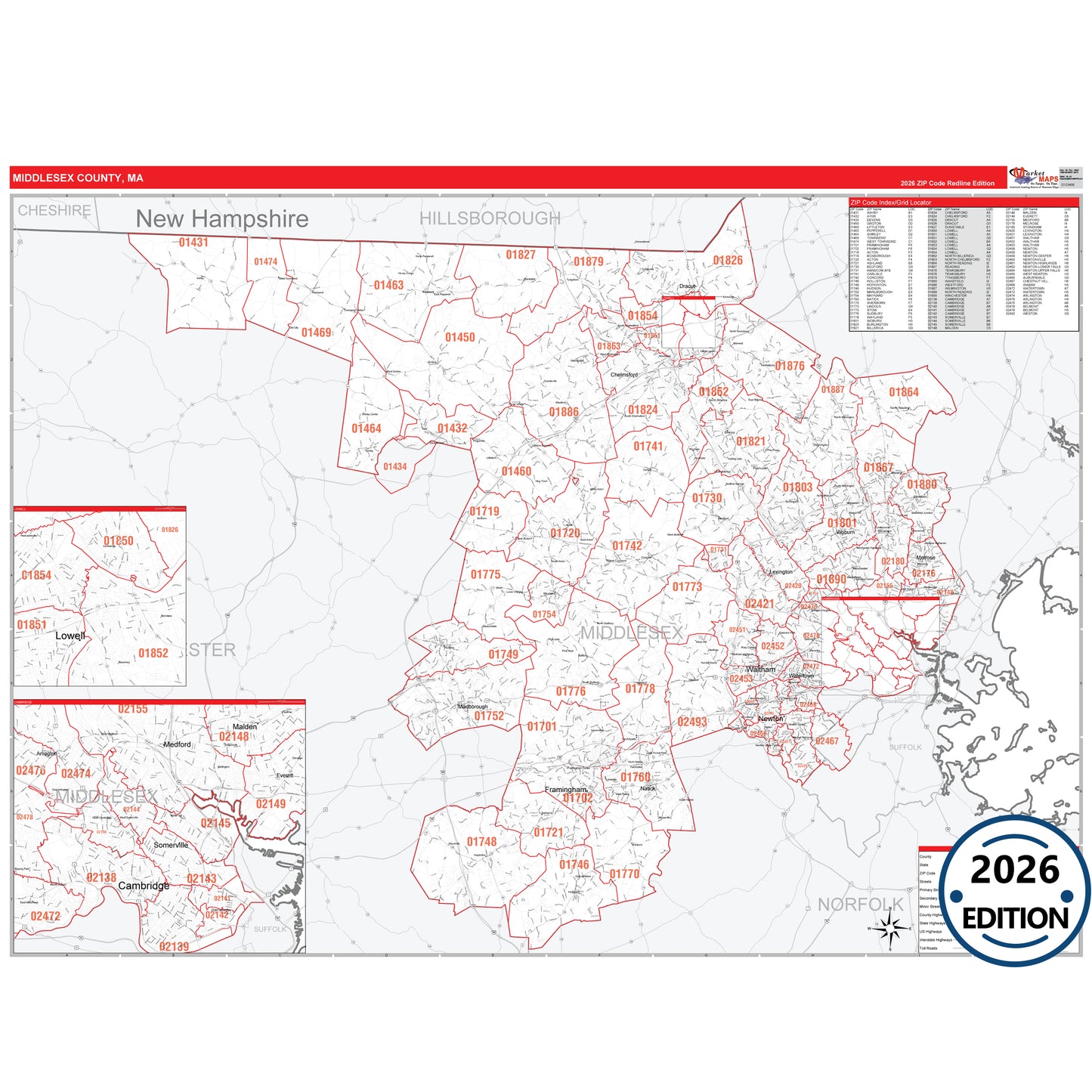 Middlesex County, MA Red Line 5 Digit ZIP Code Wall Map