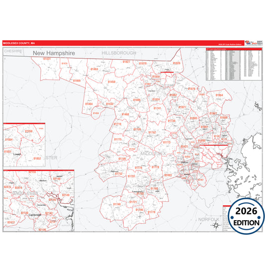 Middlesex County, MA Red Line 5 Digit ZIP Code Wall Map