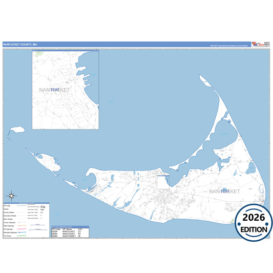 Nantucket County, MA Business Reference 5 Digit ZIP Code Wall Map